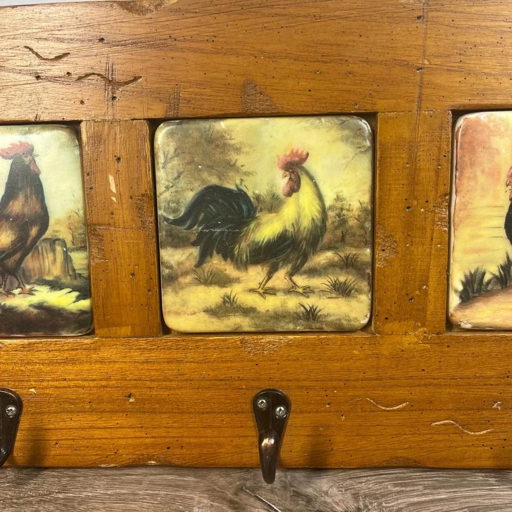 Rooster Wall Rack Wood Ceramic Tile 3 Hook Key Holder Brown Farmhouse Rustic